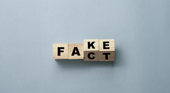 wooden blocks with text 'fake' and 'fact'